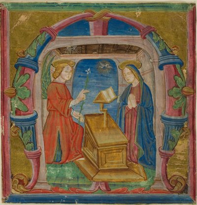 De Annunciatie in een gehistoriseerde initiële "M" uit een Antifonarium door Unknown artist