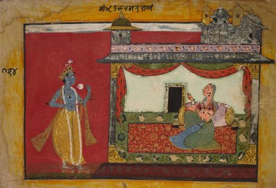 De Nadering van Krishna. Pagina uit een Rasamanjari door Unknown artist