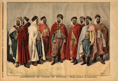 De Arabische en Tunesische leiders, belast met de erewacht van Tsaar Nicolaas II, op bezoek in Frankrijk. (Si Hamza, hoofd van de Uleds sidi sheiks; Si Mohammed ben Gana, agha van de Zibans; Si Ferhat Mouly, caid van de Beni Maaida; Si Lakdan, agha van de  door Unknown artist