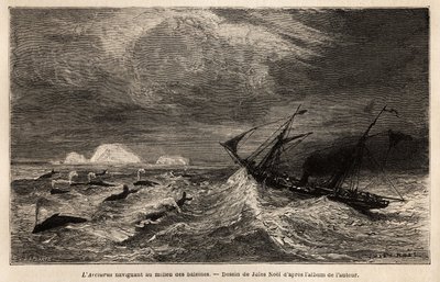De Arcturus, een Deense lijnboot die vaart tussen Kopenhagen en IJsland, waarop de auteur inscheept om Reykjavik te bereiken, varend tussen de walvissen. Gravure ter illustratie van de reis in IJsland, verhaal door Noel Nougaret, in 1866, gepubliceerd in 
