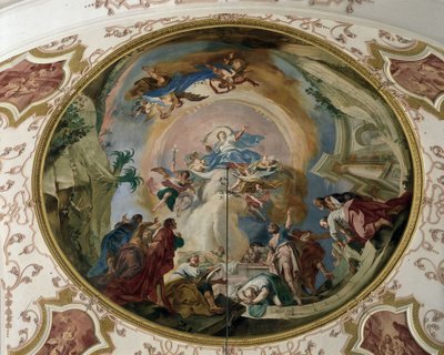 De Hemelvaart van de Maagd. Fresco van het gewelf, abdijkerk van Ebersmunster, Elzas door Unknown artist