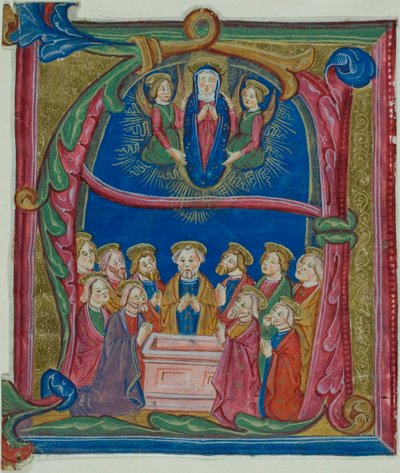 De tenhemelopneming van de Maagd in een gehistoriseerde initiaal "A" uit een antifonarium door Unknown artist