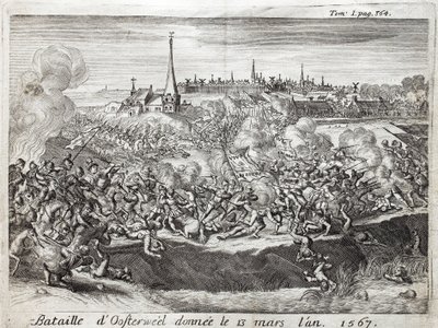 De Slag bij Oosterweel (Nederland), gehouden op 13 maart 1567, de eerste confrontatie van de Tachtigjarige Oorlog (1567-1648). Gravure ter illustratie van 