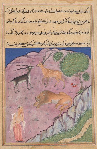 De Brahmaan komt een leeuw tegen die een hert en een gazelle als zijn viziers heeft, uit een Tuti-nama (Verhalen van een Papegaai): Eenentwintigste Nacht door Unknown artist