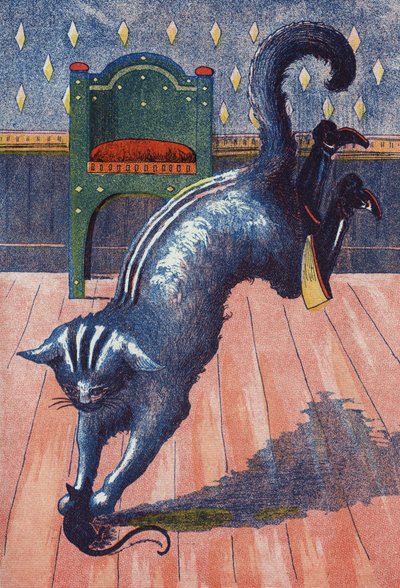 De kat valt de ogre aan die in een muis verandert. Illustratie voor "De gelaarsde kat", sprookje door Charles Perrault (1628-1703), Franse schrijver. Anonieme illustratie. Beeld Marcel Vagne, Jarville Nancy, ongedateerd (eind 19e eeuw). door Unknown artist