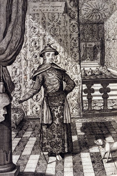 De Chinese Keizer en Opperste Heerser van de Tartaren - Chinese keizer Kangxi (1652-1722) Qing-dynastie, gravure door Athanasius Kircher uit 