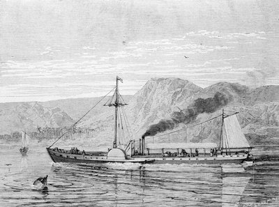 De Clermont, een boot gebouwd in 1807 door Robert Fulton om de verbinding New York - Albany op de Hudson River te verzorgen. Gravure 19e eeuw door Unknown artist