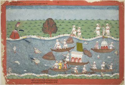 De demon Sambar gooit het kind Pradyumna in de rivier, pagina uit een verspreid Bhagavata Purana manuscript door Unknown artist