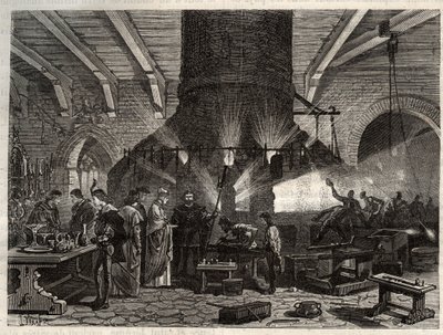 De Doge van Venetië bezoekt de glasfabrieken van Murano - gravure in 