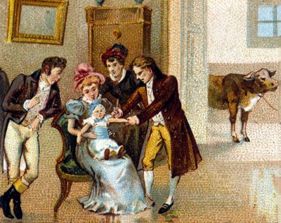 De Engelse arts Edward Jenner (1749-1823) ent pokken in op de arm van een jongen om hem te vaccineren. De koe waarvan het serum werd genomen staat op de achtergrond. Chromolithografie uit de 19e eeuw. door Unknown artist