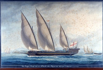 De Genuese galeien Raggia en San Giorgio achtervolgen de Algerijnse chebec Uccello. 11 augustus 1788 door Unknown artist