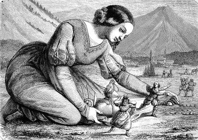 De reuzin, de sage van de reuzin die speelt met de normaal grote mensen, historisch door Unknown artist