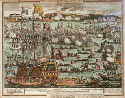 De Grote Marine Review. Deze Grote Review van de Britse Marine vond plaats in Portsmouth op 24 en 25 juni 1814 in aanwezigheid van de Prins Regent en zijn Koninklijke Bezoekers, c. 1814 door Unknown artist