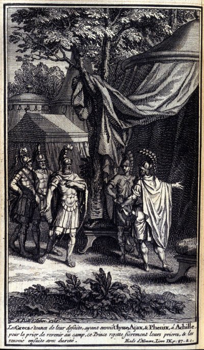 De Grieken, verbaasd over hun nederlaag, sturen Ulysses, Ajax en Phoenix naar Achilles om hem te smeken terug te keren naar het kamp. Deze prins wijst hun smeekbeden trots af en stuurt hen hard terug. Illustratie van boek IX van de Ilias van Homeros, Frans door Unknown artist