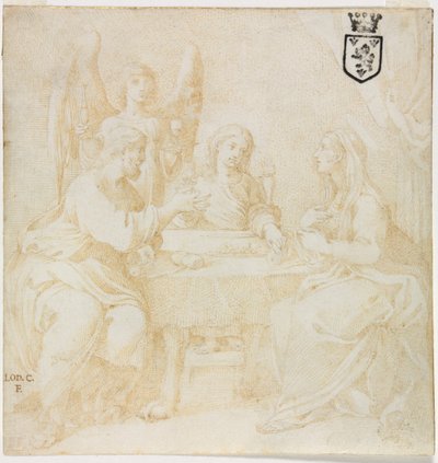 De Heilige Familie aan Tafel Geserveerd door een Engel door Unknown artist