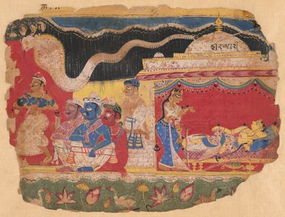 Het kind Krishna weggeslingerd door Vasudev, uit een kopie van de Verspreide Bhagavat Purana door Unknown artist