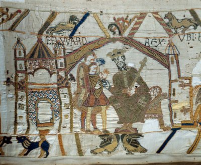 De koning van Engeland Edward de Belijder instrueert Harold om aan de hertog van Normandië Willem de Veroveraar (1027-1087) te bevestigen dat hij zijn opvolger zal zijn op de troon van Engeland (detail) door Unknown artist