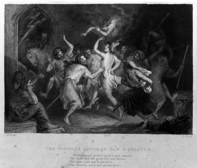 De legende van Cutty Sark na het gedicht van Robert Burns: de dans van heksen. Gravure uit de 19e eeuw door Unknown artist