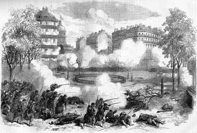 De Parijse Commune in 1871. Aanval op de barricades van de federes (communards) voor het Pantheon door het legerkorps van generaal de Cissey op 24 mei 1871, aan het begin van de bloedige week (22 - 28 mei 1871). door Unknown artist