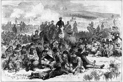 De Parijse Commune in 1871. Communards van Belleville gevangen genomen en bewaakt door een detachement vredeshandhavers in het Parc des Buttes Chaumont. door Unknown artist