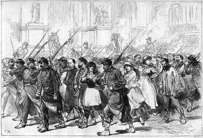 De Commune van Parijs in 1871. Konvooi van gevangen genomen Federes (communards), passerend door Place de l