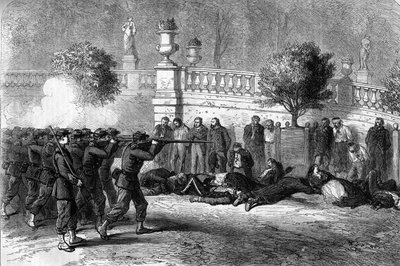 De Parijse Commune in 1871. Executie van federes (communards) in de Luxemburgse Tuin tijdens de bloedige week van 22 tot 28 mei 1871. Het zesde arrondissement was een van de eerste die door het gemeenschappelijke leger werd bezet. Onder de federe gevangene door Unknown artist