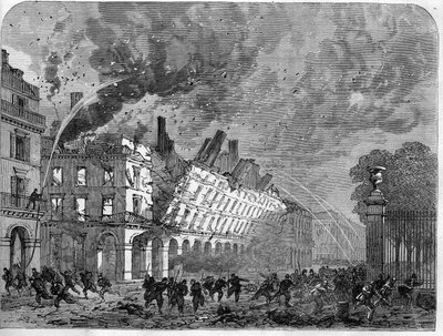 De Parijse Commune in 1871. Brand van het Ministerie van Financiën veroorzaakt door de federes (communards) tijdens de bloedige week (22-28 mei) door Unknown artist