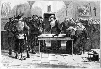 De Parijse Commune in 1871. Doorzoeking door de federes (communards) van een huis bewoond door nonnen (Kleine Zusters van de Armen), gelegen aan de Rue de Sevres. De federes, na het ontdekken van het geld van de gemeenschap van nonnen, stopten het geld ter door Unknown artist