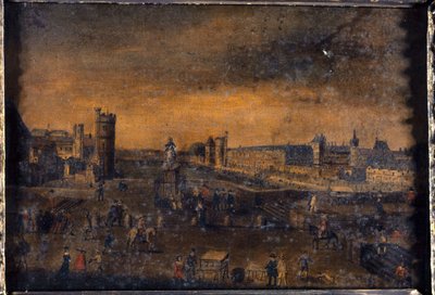 De Pont-Neuf, gezien vanaf de ingang van de Place Dauphine, het Hôtel de Nevers, de Tour de Nesle, de Grande Galerie, met de Porte Neuve, en het Louvre, circa 1640 door Unknown artist