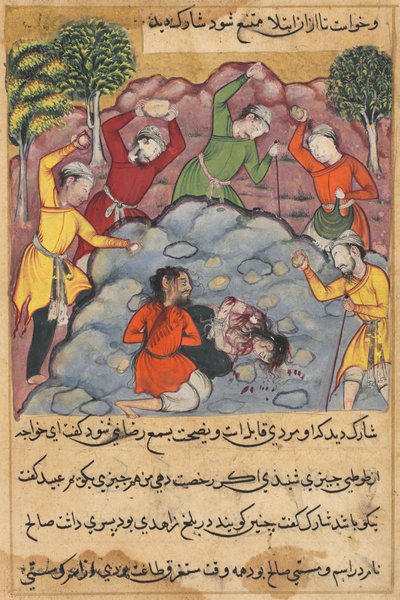 De dochter van de Raja en haar minnaar gestenigd voor overspel, uit een Tuti-nama (Verhalen van een Papegaai): Tweeënveertigste Nacht door Unknown artist