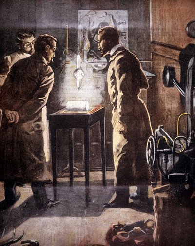 De Röntgenstralen of X-stralen. Ontdekt in 1895. Illustratie van het experiment door Unknown artist