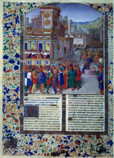 De Romeinen bereiden het beleg van Veies voor in 396 v.Chr. Miniatuur uit Histoire romaine (Ad urbe condita) door Tite Live (59 v.Chr.-17 n.Chr.), vertaald door Pierre Bessuire 1450-1500 Parijs, BN door Unknown artist