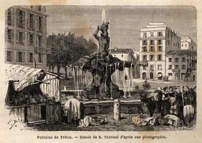 De Tritonfontein, in Rome, gecreëerd in 1643 door Gian Lorenzo (Gianlorenzo) Bernini bekend als Le Bernini (1598-1680), op het Barberini-plein. Gravure ter illustratie van de reis naar Rome, door Francis Wey, in 1864-1868, gepubliceerd in 