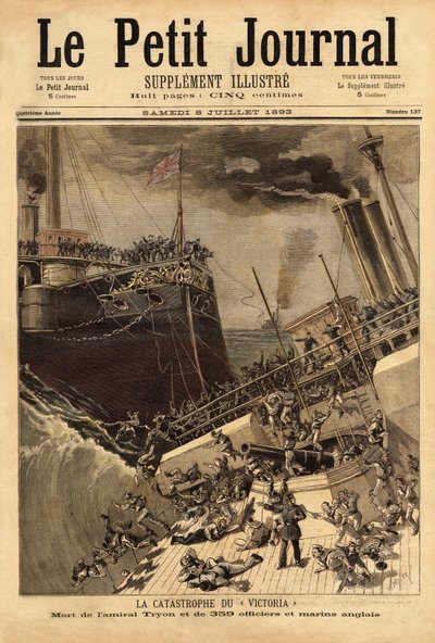 Het slagschip Victoria zinkt voor de Syrische kust, geramd door het schip Camperdown. Gravure in "Le petit journal" 8/07/1893. Selva