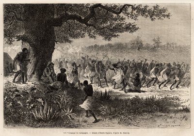 De Vouagogo (stam van Tanzania) in voorbereiding op oorlog, onder de boom, de auteur van het verhaal Henry Morton Stanley (1841-1904). Gravure ter illustratie van de reis op zoek naar Livingstone, in centraal Afrika, door Henry Stanley, correspondent van d door Unknown artist