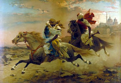 De ontvoering van de harem: twee Moorse ruiters ontvoeren een jonge vrouw. door Unknown artist