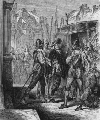 De arrestatie van Pierre Brousel (1575 - 1654) in 1648, in opdracht van Anna van Oostenrijk, wat de opstand van het volk (dagen van de barricades) en de Fronde veroorzaakte. Gravure uit 1866. door Unknown artist
