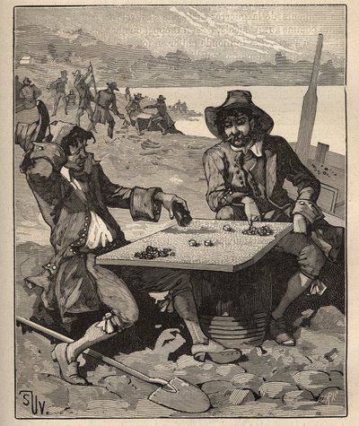 De kunst van de edelsteenbewerking: uitvinders van de diamantmijnen van Brazilië aan het begin van de 18e eeuw. Goudzoekers spelen met kristallen als fiches zonder te weten dat het echte diamanten zijn. Gravure uit 1885 in 