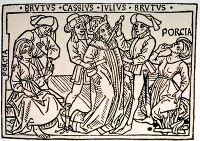 De moord op Julius Caesar (100-44 v.Chr.): hij wordt neergestoken door Brutus en Cassius terwijl Porcie, de vrouw van Brutus, flauwvalt. Houtsnede uit de 16e eeuw door Unknown artist