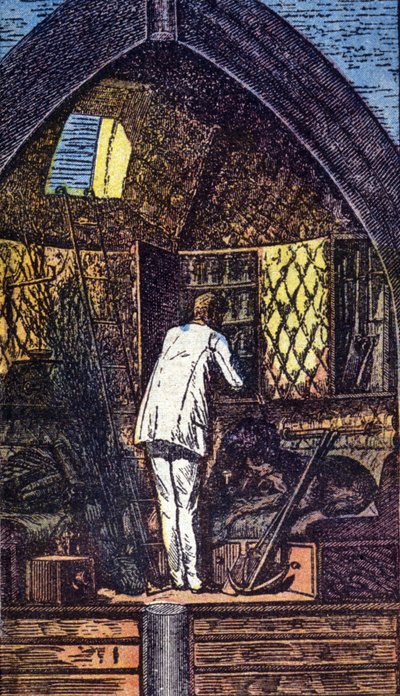 De astronaut in de raket. Gravure in “Van de aarde naar de maan” door Jules Verne door Unknown artist