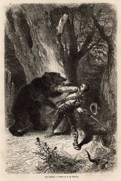 De auteur, tijdens een excursie rond Jacksonville, wordt in het bos verrast door een tamme beer en ketting. Gravure ter illustratie van het verhaal vier maanden in Florida, door Achille Pousselgue in 1851-1852, gepubliceerd in 
