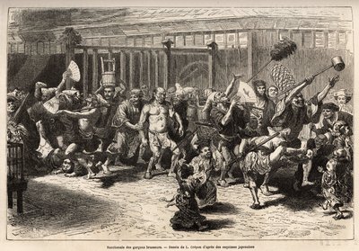 De bacchanaal van de brouwers, op oudejaarsavond, na het ontvangen van hun salaris en feestvieren, lopen ze in een vrolijke en luidruchtige processie in Edo (het huidige Tokio), uitgerust met een enorme sake-wasbak en een lange plumeau om de plafonds te du door Unknown artist