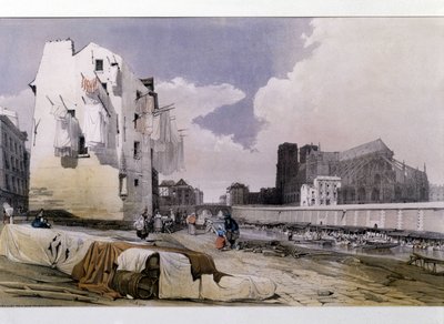 De oevers van de Seine en de Notre Dame de Paris - lithografie door Unknown artist