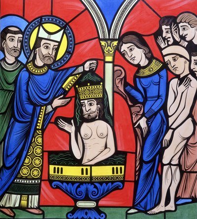 De doop van Christus. College lijkt op een glas-in-loodraam van de kathedraal van Le Mans. 19e-eeuwse tekening door Unknown artist