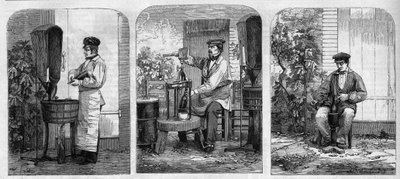 Het bottelen van Champagnewijn. Gravure uit 1864. door Unknown artist