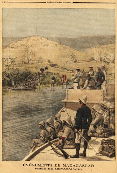 De verovering van Mevatanana (Madagaskar) door het Franse leger. Gravure in 
