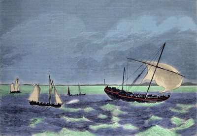 De vangst van een dhow (Arabische boot) slavenhandelaar langs de Malagassische kust. door Unknown artist