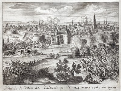 De stad Valenciennes (Frankrijk) werd ingenomen op 24 maart 1567. Eerste slag van de opstand van de Geuzen (begin van de Tachtigjarige Oorlog (1568-1648)). Gravure ter illustratie van 