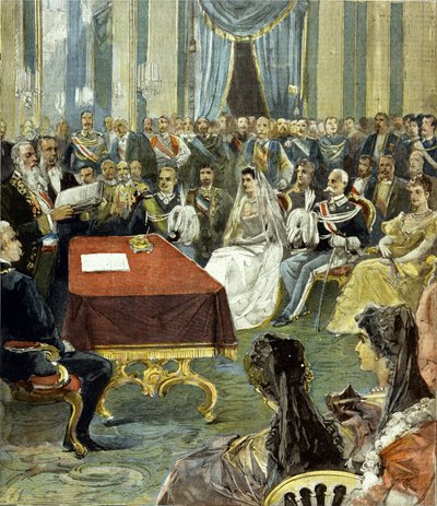 Het burgerlijk huwelijk van de Prins van Napels - die Victor Emmanuel III werd - met Prinses Helene van Montenegro in het Quirinaal Paleis in 1896. In het midden zie je Humbert I links van de bruid. door Unknown artist
