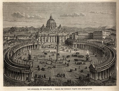 De colonnades van Sint-Pieter in het Vaticaan, gebracht door Bernini (1598-1680) in 1655, op een elliptisch vlak, dat een gemeenschappelijke plaats werd van barokke en rococo-architectuur. Gravure ter illustratie van de reis naar Rome, door Francis Wey, in door Unknown artist